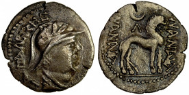 YUEH CHI: Sapadbizes, late 1st century BC, AR drachm (1.09g), Mitch-2824/28, helmeted bust right, floral design on the helmet, name behind // lion rig...
