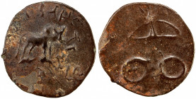 POST-SATAVAHANA: Anonymous, 2nd/3rd century AD, potin square unit (1.19g), Pieper-721var, bull right, coarse Brahmi legend above // bow & arrow with U...