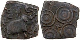 SATAVAHANA: Sadavahana, 1st century BC, AE square unit (2.34g), Pieper-651/652, elephant right, trunk raised, Indradhvaja above, traces of legend arou...