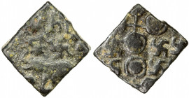 SATAVAHANA: Anonymous, ca. 1st century AD, AE square unit (1.74g), cf. Pieper-703 (round, not square), elephant left, swastika & top of Indradhvaja ab...