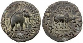 INDO-SCYTHIAN: Azes II, ca. 35 BC - 5 AD, AE pentachalkon (12.43g), Mitch-2298, elephant // humped bull, assigned by Mitchiner to Hazara, bold strike,...