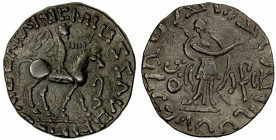 INDO-SCYTHIAN: Azes II, ca. 35 BC - 5 AD, BI tetradrachm (9.39g), cf. Mitch-2450, posthumous issue, king on horseback right, stylized Greek legend aro...