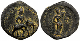 KUSHAN: Huvishka, ca. 155-187, AE unit (9.99g), Mitch-3279, king as elephant rider, holding spear // deity Ardoksho standing, holding cornucopia, fine...