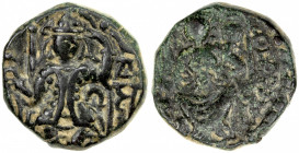 KUSHAN: Vasu Deva II, ca. 290-310, AE small unit ("didrachm") (4.81g), ANS-1651/63, king enthroned, letter G beneath his left arm, VaSu to right // de...