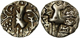 KIDARITE: Vigraha Deva, 5th century, debased AV dinar (7.45g), Mitch-3650, standing king // stylized deity Ardoksho, bold VF.
Estimate: $110-150