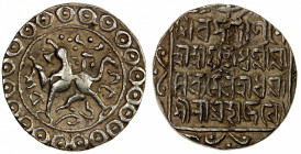 TRIPURA: Dharma Manikya, 1714 & 1728-1739, AR tanka (10.66g), SE1636 (1714), KM-199, lion left, citing Queen Dharmasila, 2 scratches on the reverse, V...