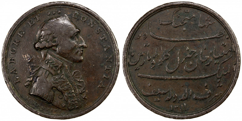 BRITISH INDIA: AE medal (19.63g), 1796, Pud-796.3, 38mm bronze medal of Claude M...