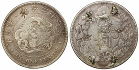 CHINESE CHOPMARKS: JAPAN: Meiji, 1867-1912, AR yen, ND (1897), Y-28a.5, ex-brooch mount, with one large Chinese merchant chopmark on obverse, and six ...