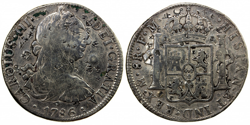 CHINESE CHOPMARKS: MEXICO: Carlos III, 1759-1788, AR 8 reales, 1786-Mo, KM-106.2...