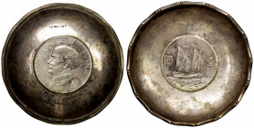 CHINA: Republic, silver tray (62.95g), 86mm, with edge shaped like bamboo, and bottom inlaid with a year 23 (1934) AR dollar, Y-345 (Sun Yat-sen / Chi...