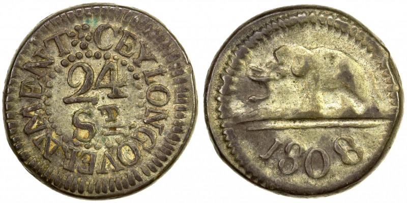 CEYLON: George III, 1760-1820, AR 24 stuivers (4.26g), 1808, KM-76, VF to EF.
E...