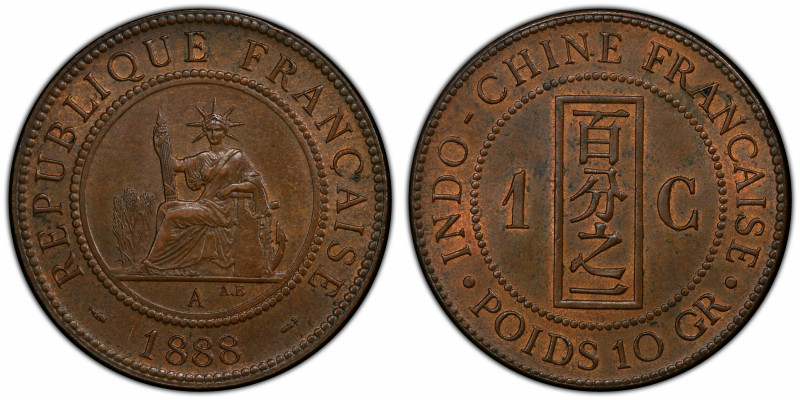 FRENCH INDOCHINA: AE centime, 1888-A, KM-1, a lovely example with much original ...