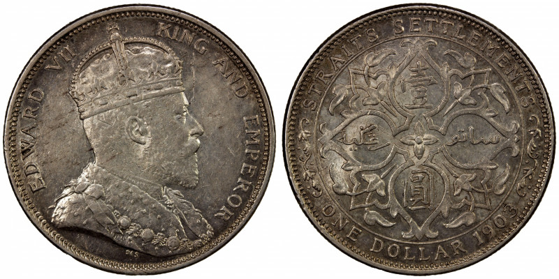 STRAITS SETTLEMENTS: Edward VII, 1901-1910, AR dollar, 1903-B, KM-25, incuse min...