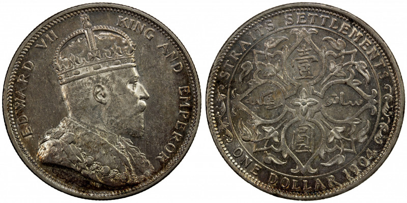 STRAITS SETTLEMENTS: Edward VII, 1901-1910, AR dollar, 1904-B, KM-25, Y-25, ligh...