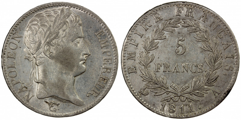 FRANCE: Napoleon I, as Emperor, 1804-1814, AR 5 francs, 1811-A, KM-694.1, partia...