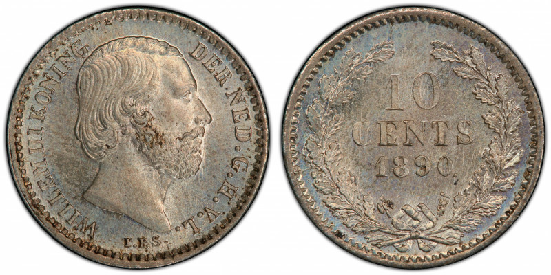 NETHERLANDS: Willem III, 1849-1890, AR 10 cents, 1890, KM-80, lustrous and very ...