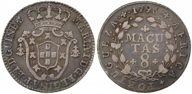 ANGOLA: Maria I, 1786-1799, AR 8 macutas, 1796, KM-34, two-year type, a couple tiny rim taps, beautifully coloration, Fine.
Estimate: $100-150
