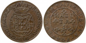 ANGOLA: João, as Prince Regent, 1799-1816, AE ½ macuta, 1814, KM-45, Cr-34, two-year type, VF to EF.
Estimate: $150-200