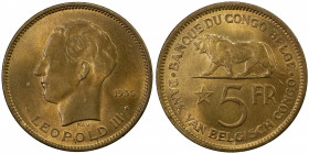 BELGIAN CONGO: Léopold III, 1934-1951, 5 francs, 1936, KM-24, lion left, Unc.
Estimate: $100-150