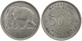 BELGIAN CONGO: Léopold III, 1934-1951, AR 50 francs, 1944, KM-27, elephant left, lightly cleaned, EF. Struck at the mint in Pretoria, South Africa.
E...