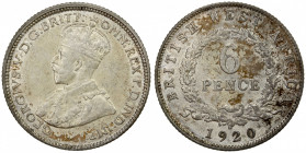 BRITISH WEST AFRICA: George V, 1910-1936, AR 6 pence, 1920-H, KM-11a, one-year type, blotchy toning, Choice EF.
Estimate: $150-200