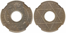 BRITISH WEST AFRICA: George IV, 1937-1952, 1/10 penny, 1938, KM-20, struck at the Royal Mint, NGC graded Specimen 65, RR.
Estimate: $90-120