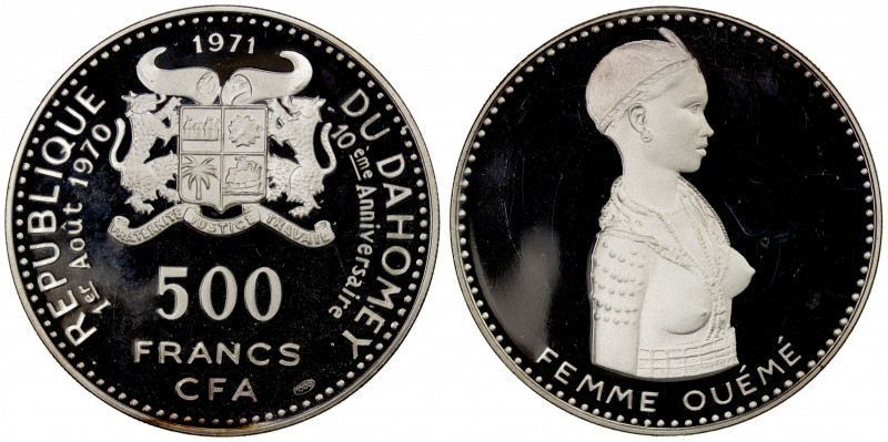 DAHOMEY: Republic, AR 500 francs, 1971, KM-3.1, 10th Anniversary of Independence...