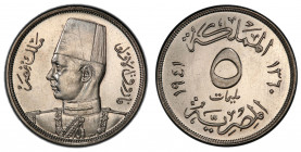 EGYPT: Farouk, 1936-1952, CN 10 milliemes, 1941/AH1360, KM-364, prooflike surfaces, PCGS graded Specimen 64, R, ex King's Norton Mint Collection.
Est...