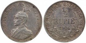 GERMAN EAST AFRICA: Wilhelm II, 1888-1918, AR ½ rupie, 1906-J, KM-9, lightly cleaned long ago, lightly toned, key date/mintmark, EF.
Estimate: $100-1...