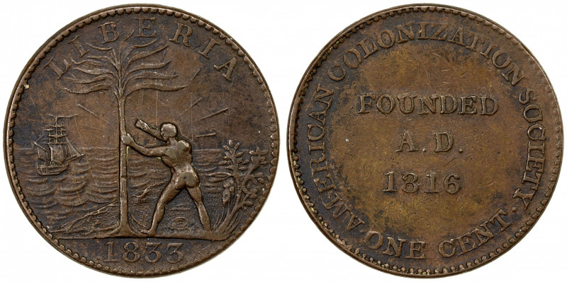 LIBERIA: Republic, AE cent, 1833, KM-Tn1, a few faint obverse scratches, one-yea...