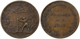 LIBERIA: Republic, AE cent, 1833, KM-Tn1, a few faint obverse scratches, one-year type, Choice VF.
Estimate: $125-175