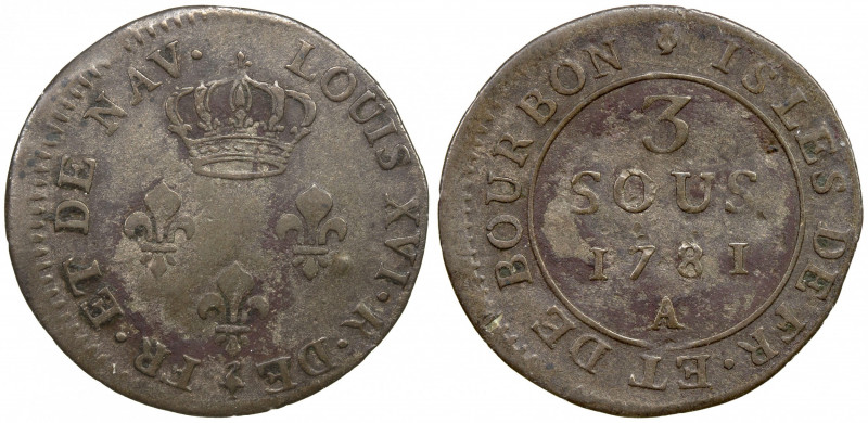 ISLES DE FRANCE ET DE BOURBON: Louis XVI, 1774-1790, BI 3 sols, 1781-A, KM-2, co...