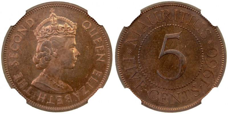 MAURITIUS: Elizabeth II, 1952-1987, 5 cents, 1960, KM-34, VIP Proof of Record is...