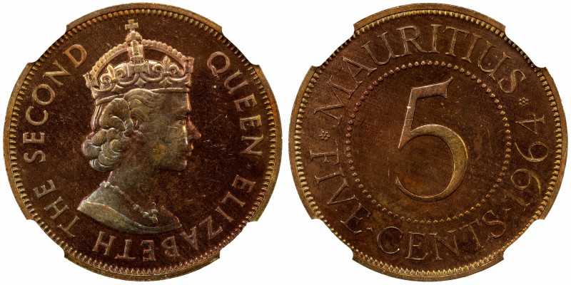 MAURITIUS: Elizabeth II, 1952-1987, 5 cents, 1964, KM-34, VIP Proof of Record is...