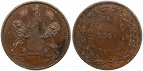 ST. HELENA: British Colony, AE ½ penny, 1821, KM-4a, medallic arrangement of obverse & reverse, Proof.
Estimate: $130-170