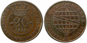 ST. THOMAS & PRINCE: Joao, as Prince Regent, 1799-1816, AE 20 reis, 1815-R, KM-A1, two-year type, chocolate-brown, VF.
Estimate: $100-150