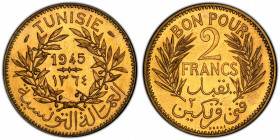 TUNISIA: Muhammad al-Amin Bey, 1943-1957, 2 francs, 1945, KM-PE4, Gad-93, Lec-296, piedfort (piéfort) essai, mintage of only 104 pieces, PCGS graded S...