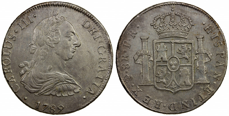 BOLIVIA: Carlos III, 1759-1788, AR 8 reales, 1789, KM-55, El-29. Cal-1280, assay...