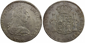 BOLIVIA: Carlos III, 1759-1788, AR 8 reales, 1789, KM-55, El-29. Cal-1280, assayer PR, rare posthumous issue, portrait and ordinal of Carlos III, clea...