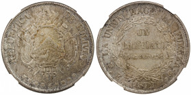 BOLIVIA: Republic, AR boliviano, 1872, KM-160.1, elaborate shield variety, a lovely lightly toned example! NGC graded MS63.
Estimate: $100-150