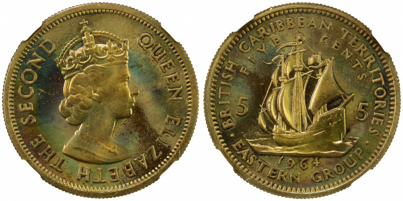 BRITISH CARRIBEAN TERRIRORIES: 5 cents 1964, KM-4, VIP Proof of Record issue, NG...