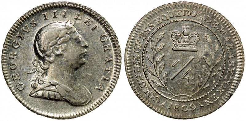 BRITISH GUIANA: ESSEQUIBO & DEMERARY: George III, 1760-1820, AR ¼ guilder, 1809,...