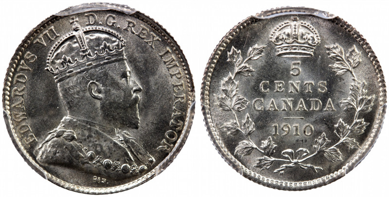 CANADA: Edward VII, 1901-1910, AR 5 cents, 1910, KM-13, Pointed Leaves variety, ...