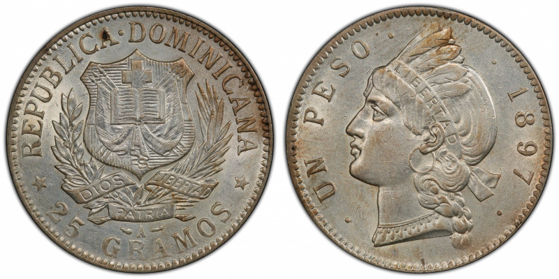 DOMINICAN REPUBLIC: AR peso, 1897, KM-16, a lustrous example! PCGS graded AU55, ...