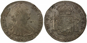 MEXICO: Carlos IV, 1788-1808, AR 8 reales, 1807, KM-109, assayer JP, light adjustment marks, lustrous, EF.
Estimate: $100-150