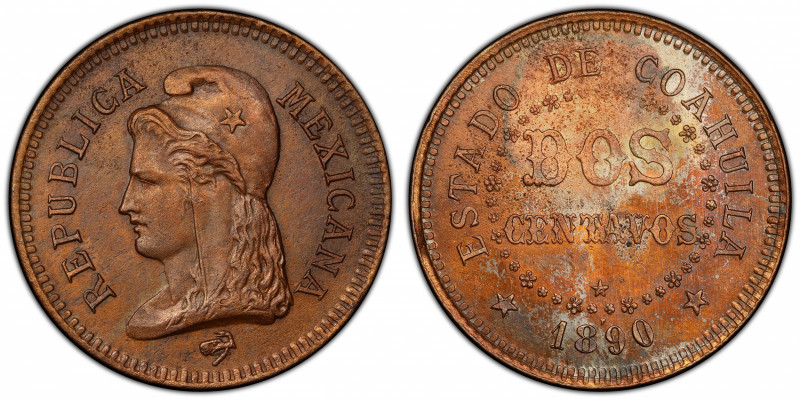 MEXICO: Republic, AE 2 centavos, Coahuila State, 1890, KM-NC14, bronze pattern, ...