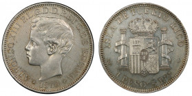 PUERTO RICO: Alfonso XIII, 1886-1898, AR peso, 1895, KM-24, one-year type, cleaned, PCGS graded EF details. The coinage series of 1895-96 was minted a...