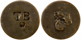 TOBAGO: AE 2¼ pence ("stampee") (1.65g), ND, KM-6, crowned "C" on plain copper flan, TB / O incuse countermark on ND French Colonies stampee (KM-2), i...