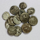 SELEUKID KINGDOM: LOT of 15 silver coins, including 5 of Seleukos I (Zeus/elephant-type: 1 drachm, 4 hemidrachms) and 10 of Antiochos I (horsehead-typ...
