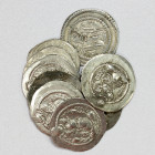 SASANIAN KINGDOM: LOT of 9 silver drachms, Shahpur II: (3 pcs) common types (1 choice VF, 2 scruffy Fine); Peroz: 3rd series, mints of AW, DA, LD, and...